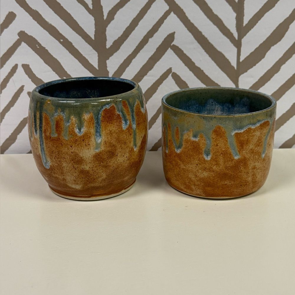 Beautiful Signed Glazed Ceramic Pottery Vase Bowls Set of 2
